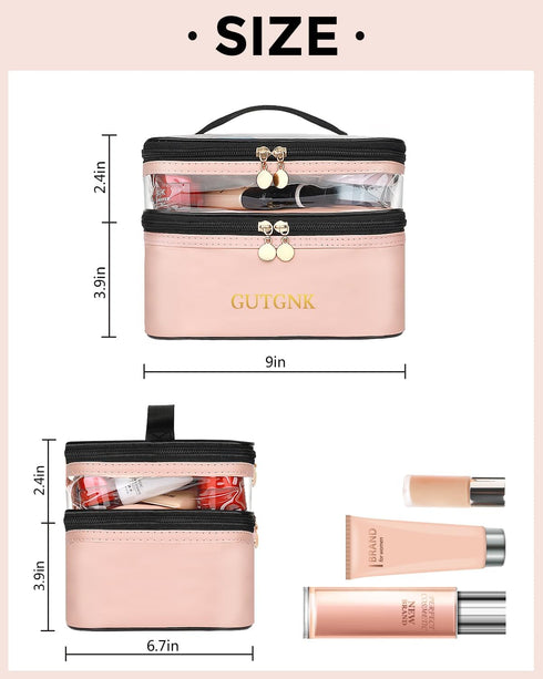 Cosmetic Bags for Women Clear Leather Double Layer Makeup Bag - Large Travel Skincare Bag For Travel Organizer Toiletry Bag - Pink...