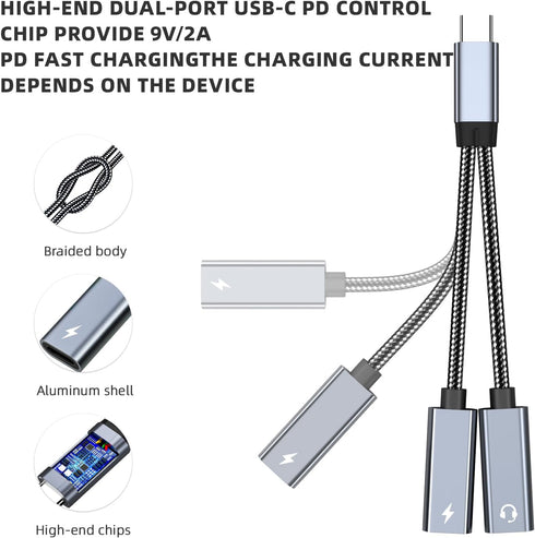 USB C Splitter, Dual USB C Headphone and Charger Adapter 60W Fast Charging Compatible with iPhone 15 Series, Galaxy S23 S22 S21 Ultra, Pixel,Pad P...