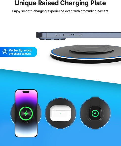 3 in 1 Wireless Charging Pad for iPhone 15 14 13 12 Series, Travel Portable 5W Charger Station for Apple iWatch, Airpods3/2/Pro, 15W Max Wireless ...