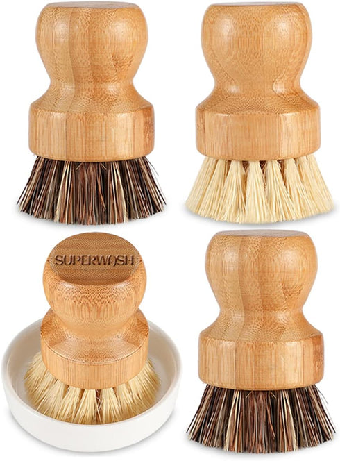 Bamboo Scrub Brush Clean Pan, Dish and Vegetable, Natural Bristles Palm Pot Brush 4 Pack Round Mini Dish Brush with Ceramic Holder for Kitchen Sin...