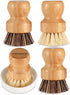 Bamboo Scrub Brush Clean Pan, Dish and Vegetable, Natural Bristles Palm Pot Brush 4 Pack Round Mini Dish Brush with Ceramic Holder for Kitchen Sin...