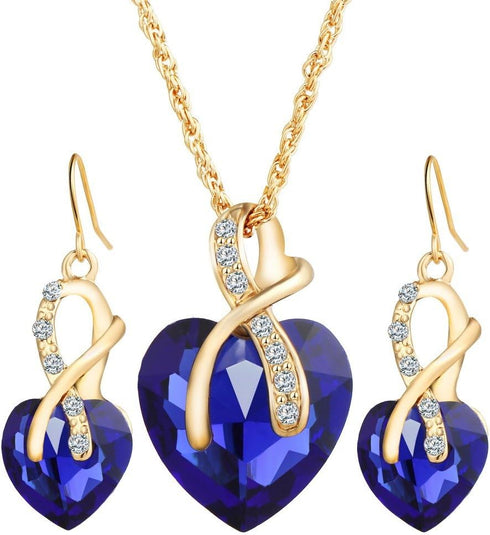 Romantic Blue Sapphire Heart of The Ocean Jewelry for Women CZ Crystal Necklace Earrings Set Bridal Wedding Accessories...