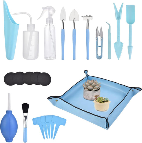 23 Pcs Succulent Tools, Mini Garden Tools0001 Set, Miniature Succulent Hand Tools with Plant Potting Tarp Mat, Transplanting Tool Kit for Indoor O...