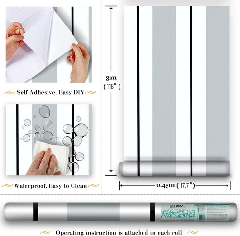 Y13403 Stripe Peel and Stick Wallpaper Silver/White/Black 17.7" x 9.8ft Removable Self-Adhesive Striped Contact Paper Vinyl Film for furniture ren...