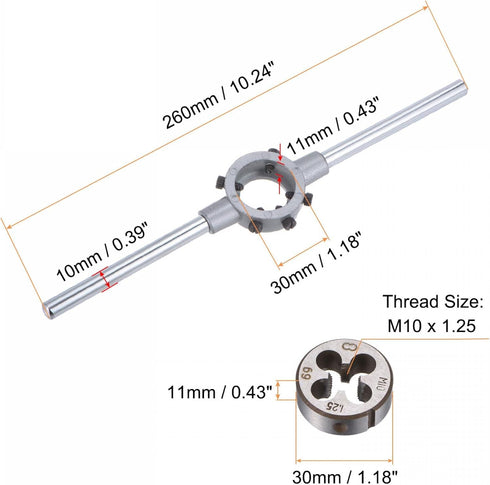 uxcell Die Stock Handle Wrench Set, M10 x 1.25 Threading Round Die and 30mm (Fit M10-M11 Dies) Holder Adjustable Wrench Hand Tool...