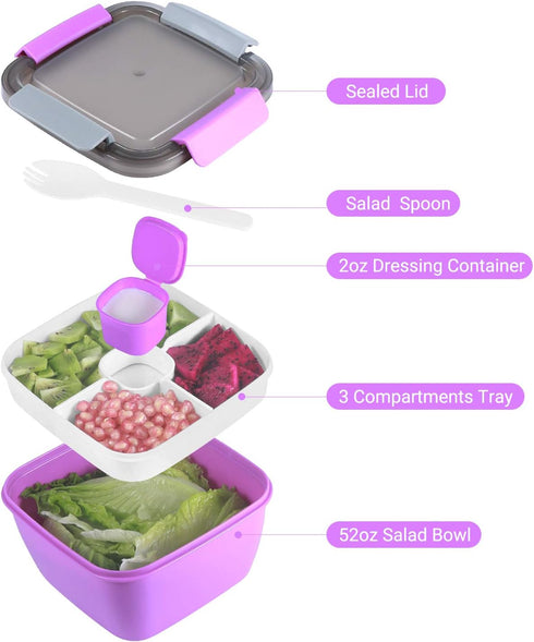 Freshmage 52-oz Lunch Container To Go - Salad Bowl With 3 Compartments and Dressing Container for Toppings, Snacks - for Men, Women (Purple)...