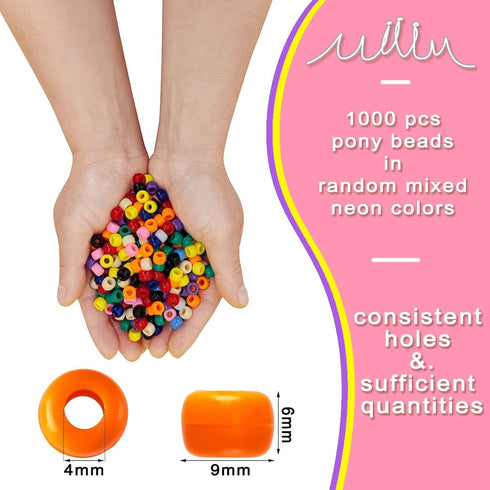 1000PCS 6x9mm Pony Beads Bulk, Neon Pony Beads for Bracelets Making Kit, Kandi Beads, Hair Beads for Braids, Craft Beads for Jewelry Making (Neon ...