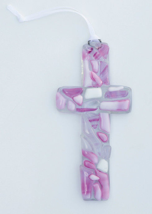 First Communion Gift for Girl - Handmade in USA Pink Mosaic Glass Cross with Sentiment...