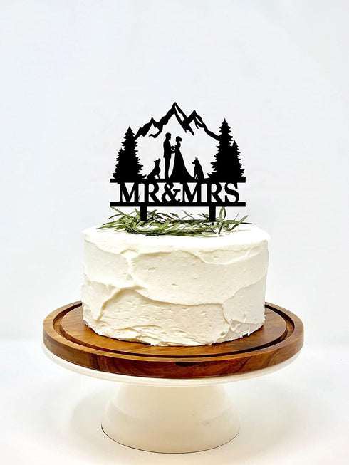 YzYbuaego Mountain Wedding Cake Topper Mr & Mrs Cake Decorations Forest Theme Outdoors Wedding Cake Topper (Mountain and Dog)...