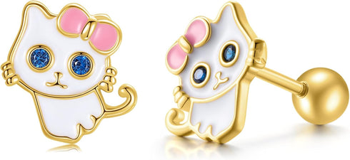 Cat Earring Screw Back Earrings Shypoallergenic Sterling Silver 18K Gold Plated Ideal Gift...