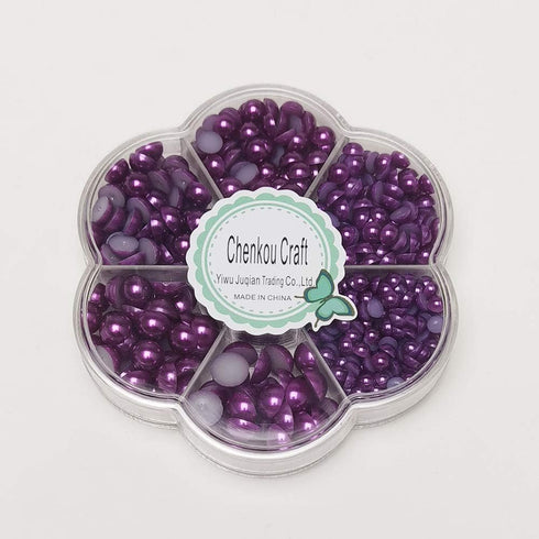 Chenkou Craft Around 1900pcs Violet Assorted 7 Sizes Immitation Half Pearl Bead Flat Back Gem Scrapbook Craft DIY Loose Beads + Plastic Box (Viole...