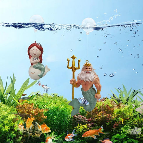 2Pcs Floating Fish Tank Decorations Mermaid and Poseidon, Cartoon Fish Playmate Aquarium Accessories, Cute Underwater Landscaping Ornament...