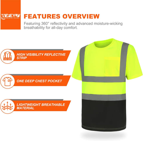 High Visibility Shirts Quick Dry Safety T Shirts with 4 Reflective Strips and Pocket Short Sleeve Mesh Hi Vis Construction Work Class 2 Shirt for ...