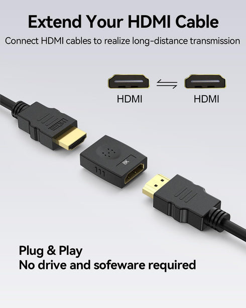8K HDMI Coupler 2 Pack, HDMI 2.1 Female to Female Adapter HDMI Extender Connector Support 8K@60Hz 4K@120Hz 48Gbps HDR eARC for HDTV, Roku Stick, M...