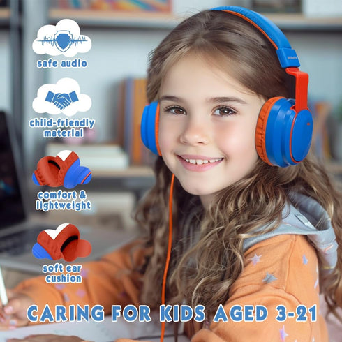 Headphone Kids Volume Limited 85/96dB Wired Over-Ear/On-Earr Foldable Headset with Inline Cable Aux 3.5mm Cord Mic for Boy Girl Child School PC No...