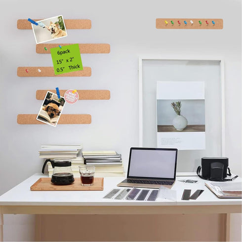6Pack Cork Board Bar Strips for Wall,15x2inch-1/2inch Thick Self Adhesive Bulletin Bar Strips with 50 Push Pins for Paste Notes,Photos, Schedules,...