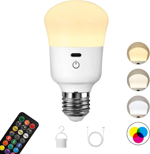 Rechargeable Light Bulb, with Remote Control, 50W Equivalent, Battery Operated LED Bulbs, Backup Puck Emergency Light for Home or Outdoor, 3 Color...