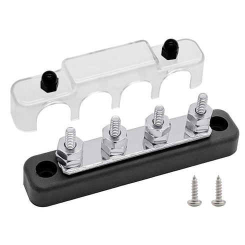 4 x #10 (M5) Studs Bus Bar, Ampper 4.2" Ground Distribution Block Brass Battery BusBar Junction with Cover for Auto Boat Amplifier and More (Black...