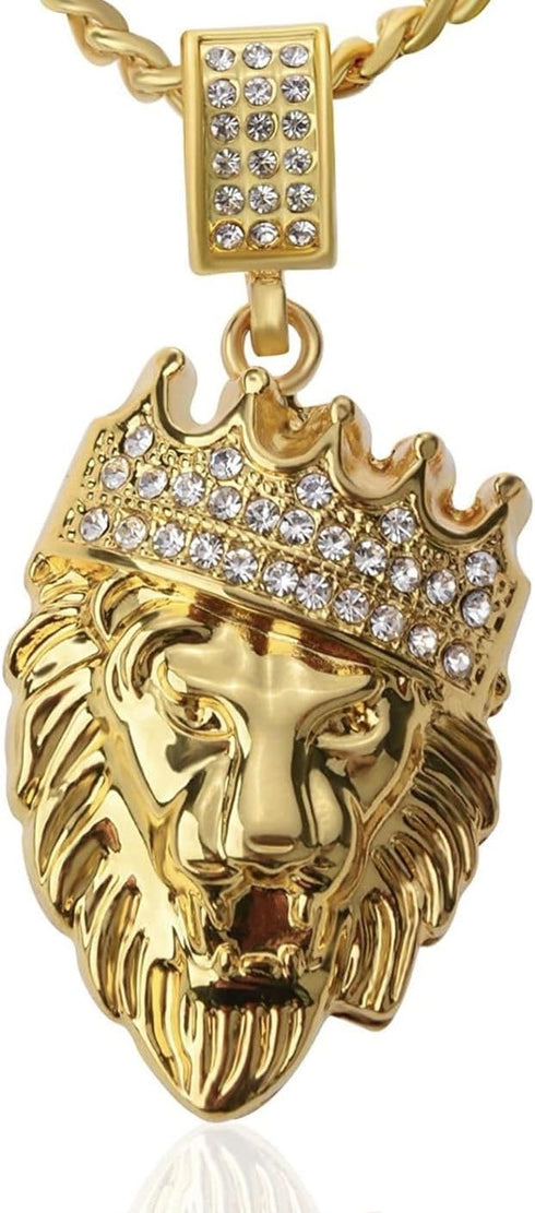Hip Hop Jewelry Gold Crown Lion Head Pendant Iced Out Clear Rhinestones – Diamonds Prong Set - Curb Cuban Chain Stainless Steel Necklace (styleA)...