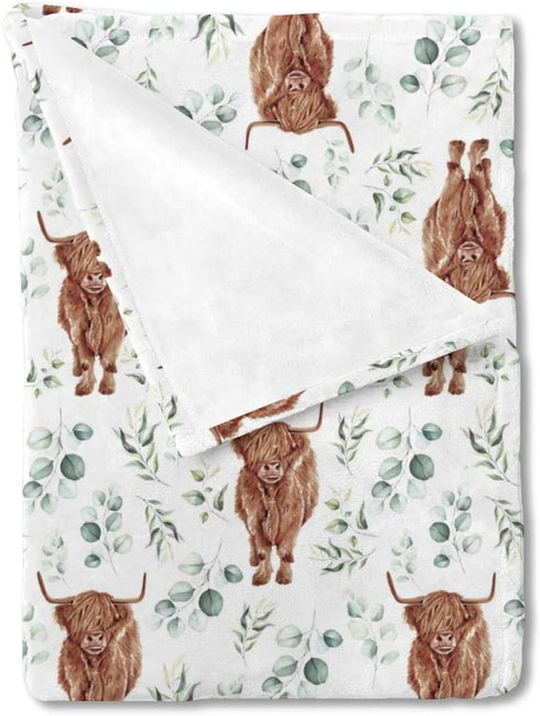 Highland Cow Eucalyptus Leaf Baby Blanket Boys Gift, Western Farm Animal Yak Flannel Fleece Nursery Swaddle Receiving Blankets, Soft Lightweight N...
