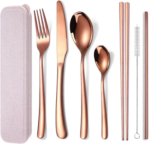 AARAINBOW 7 Pieces Stainless Steel Flatware Set Portable Reusable Cutlery Set Travel Utensils Set Including Chopsticks Knife Fork Spoon Straws Cle...