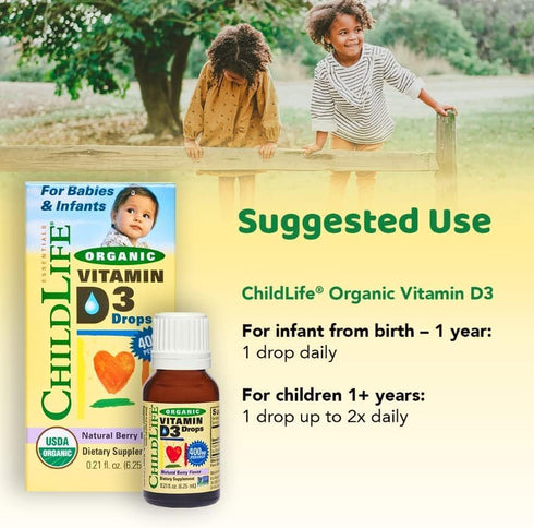 CHILDLIFE Essentials Organic Vitamin D3 Liquid Drops, Natural Berry Flavor - Gluten Free, Alcohol Free, Casein Free, Non-GMO - 0.21 Fl Oz...