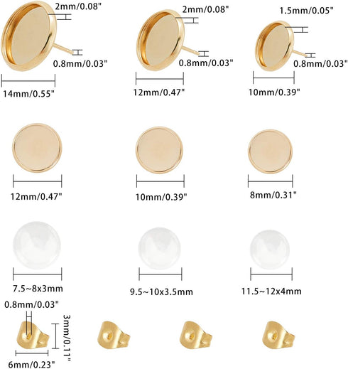 UNICRAFTALE 48 Sets 4 Colors 8/10/12mm Hypoallergenic Earring Bezel with Cabochons Stainless Steel Stud Earring with Earring Backs Earring Bezel T...