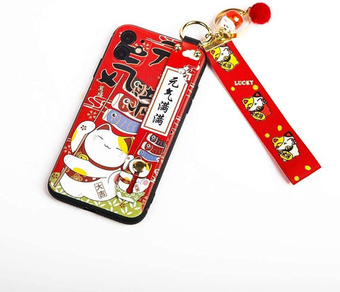 Compatible with iPhone 7/8/se3 2022 Case with Phone Lanyard, 4.7 inch Cute Japanese Lucky Cat Design, Glitter Luxury 3D Emboss Phone Case with Wri...