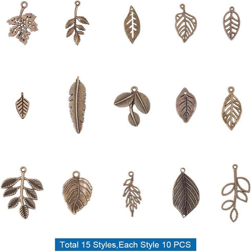 PH PandaHall 150pcs 15 Styles Tree Leaf Charms Pendants, Tibetan Branch Leaves Charms Metal Alloy Leaf Beads Antique Bronze Dangle Charm for Fall ...