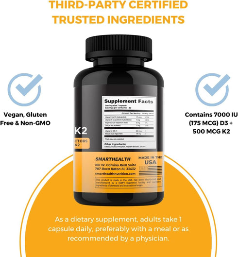 Vitamin D3 + K2 - Bone Health & Immune Support - 7000 IU(175 MCG)D3 + 500 MCG K2 - Cofactors B6, Magnesium & Zinc - Gluten Free, Vegan, Non-GMO - ...