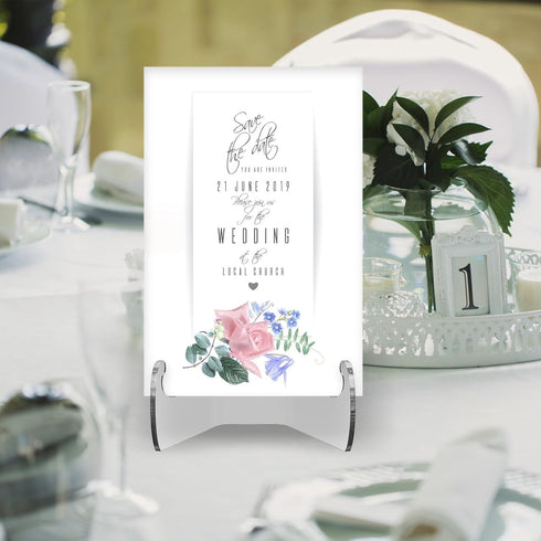 Hipiwe 6 Packs Acrylic Easel Stand Flat Plate Stand Clear Acrylic Display Easel Stand for Picture Frame Table Card Holder for Wedding Birthday Hom...