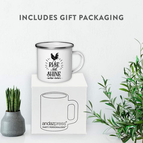 Andaz Press 11oz. Stainless Steel Hot Chocolate Campfire Coffee Mug, Rise And Shine Mother Cluckers, 1-Pack, Farm Chicken Barn Metal Enamel Campin...