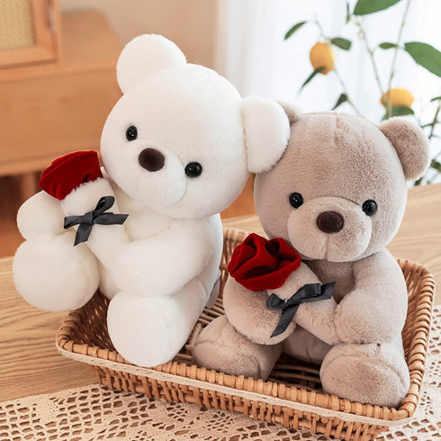 9.8'' Teddy Bear with Rose, Soft Plush Bear Doll Stuffed Animal Toys Valentines Day Decor Gifts for Her/Girlfriend Lover Mom Kids (White)...