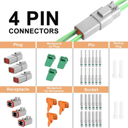 JRready ST6114 DT 4 Pin Connector DT06-4S DT04-4P Gray Waterproof Electrical Wire Connector with Deutsch Solid Contact Wire Size 14-20AWG and Seal...