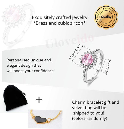 Uloveido Platinum Plated Pink Round Cubic Zirconia Sun Flower Rings for Women Y3522...