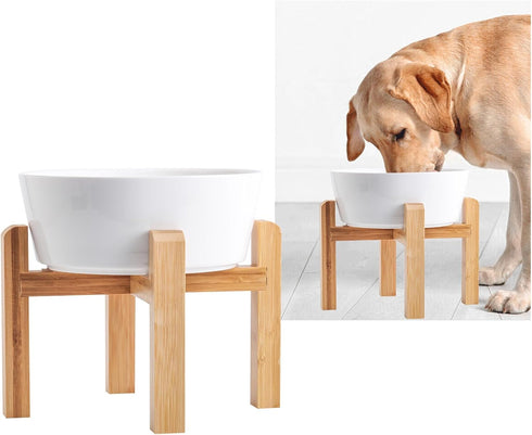 Elevated/Raised Dog Bowl Wood Stand for Medium Large Breed,7.67 in Wide Dog Food Water Dish Holder, Non Slip Modern Cute Porcelain Pet Bowl Stand ...