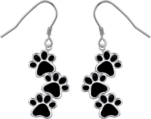 S925 Sterling Silver Jewelry Black Puppy Dog Cat Pet Paw Print Dangle Drop Earrings...