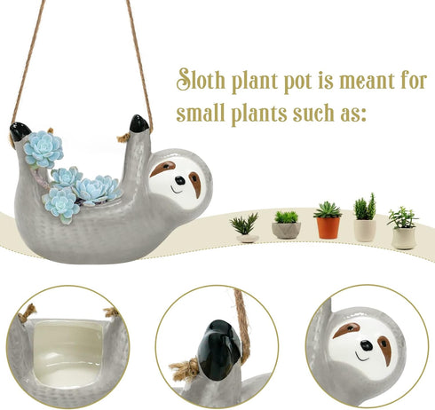 Sloth Ceramic Planter Pot, Succulent Hanging Planter, Sloth Hanging Plant Holder, Indoor Succulent Pot Planter Modern Flower Planter (Gray)...