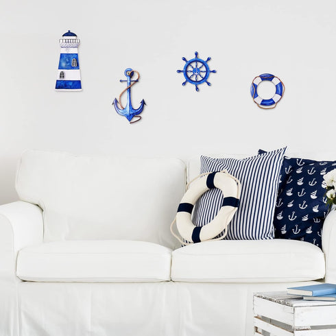 Yookeer 4 Pcs Beach Coastal Wall Decor Ocean nautical Bathroom Decor Wood Lighthouse Ship Wheel Anchor Wall Art Signs for Beach Party Room Bathroo...