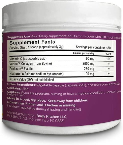 Body Kitchen Collagen and 250 mg Elastin Supplement to Aid Signs of Aging, Support Skin Health & Elasticity, Fewer Wrinkles, Unflavored Powder, Ta...