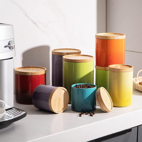 Sweejar Ceramic Food Storage Jar, Stackable Kitchen Canisters, Containers with Airtight Seal Wooden Lid for Serving Ground Coffee, Tea, Sugar, Sal...
