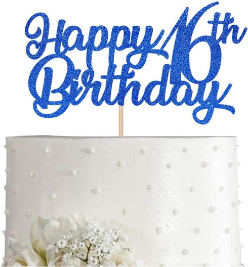 Blue Happy 16th Birthday Cake Topper, Royal Blue Glitter Cheers To 16 Years Party Cake Decorations, Supply...