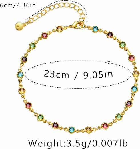 18K Gold Plated Anklet, Adjustable Bohemian Square Coloured Zirconia Anklet, Beach Holiday Jewellery For Women...