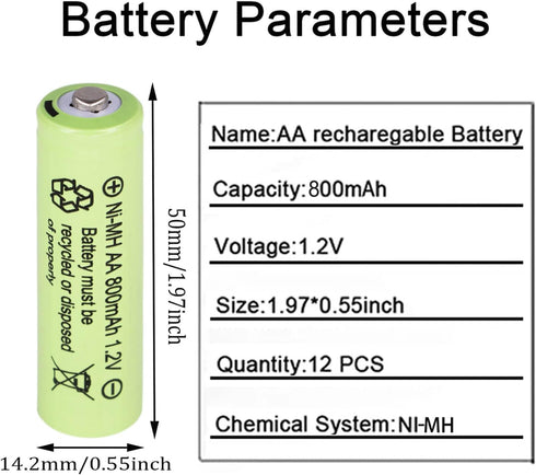 1.2v NI-MH AA 800mah Rechargeable Batteries, 12 Pack Double A Rechargeable Battery for Solar Lights, String Lights Pathway Lights,Mouse, Keyboard...