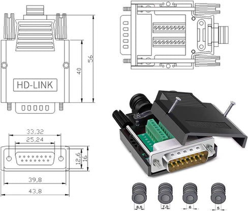 DB15 Solderless Male RS232 D-SUB Serial Adapters, 16mm thinner 15 Pin Port Terminal Solderfree Breakout Board Connector with Case Accessories...