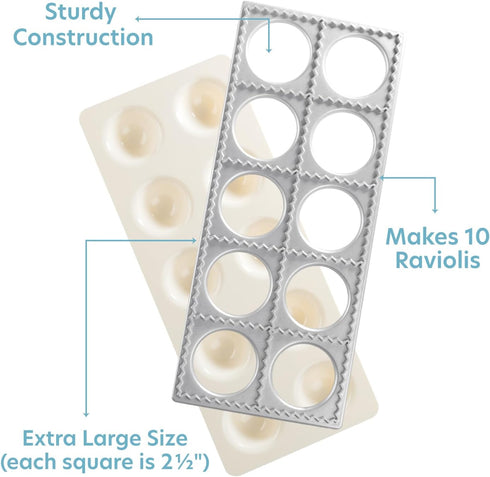 Ravioli Mold with Extra Large 2 1/2 Inch Squares- Authentic Ravioli Tray and Press, Makes 10 Italian Raviolis at a Time, Easy to Use Pasta Maker K...