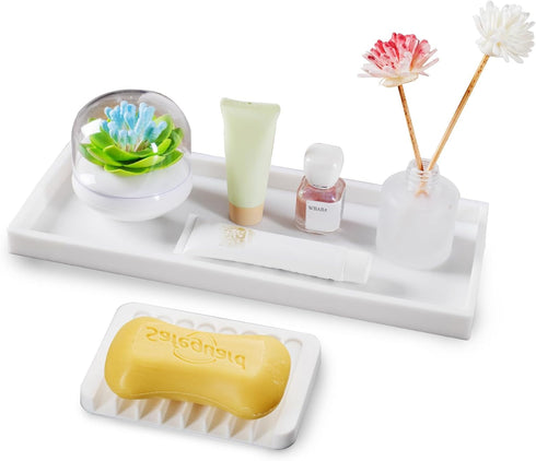 Bloss Counter Tray Set for Bathroom/Kitchen - 7.9" Silicone Tray for Kitchen Countertop, Soap and Sponge Holder, Bathroom Vanity Traty for Perfume...