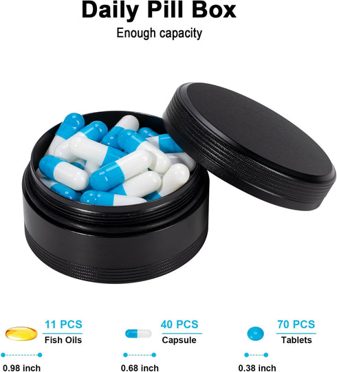 Portable Pill Box Metal Pill Case - Single Waterproof Pill Container for Purse & Pocket Travel Pillbox, Daily Round Aluminium Medicine Organizer H...