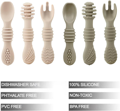 PandaEar Silicone Baby Spoons & Fork Feeding Set (6 Pack) | BPA Free Fist Stage Silicone Self Feeding Utensils for Infant Baby Led Weaning Ages 6 ...