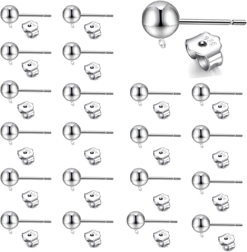 18 Pieces 925 Sterling Silver Ball Post Earing Studs with 18 Pieces Sterling Silver Butterfly Earring Back Round Ball Ear Pin with Loop for DIY Je...